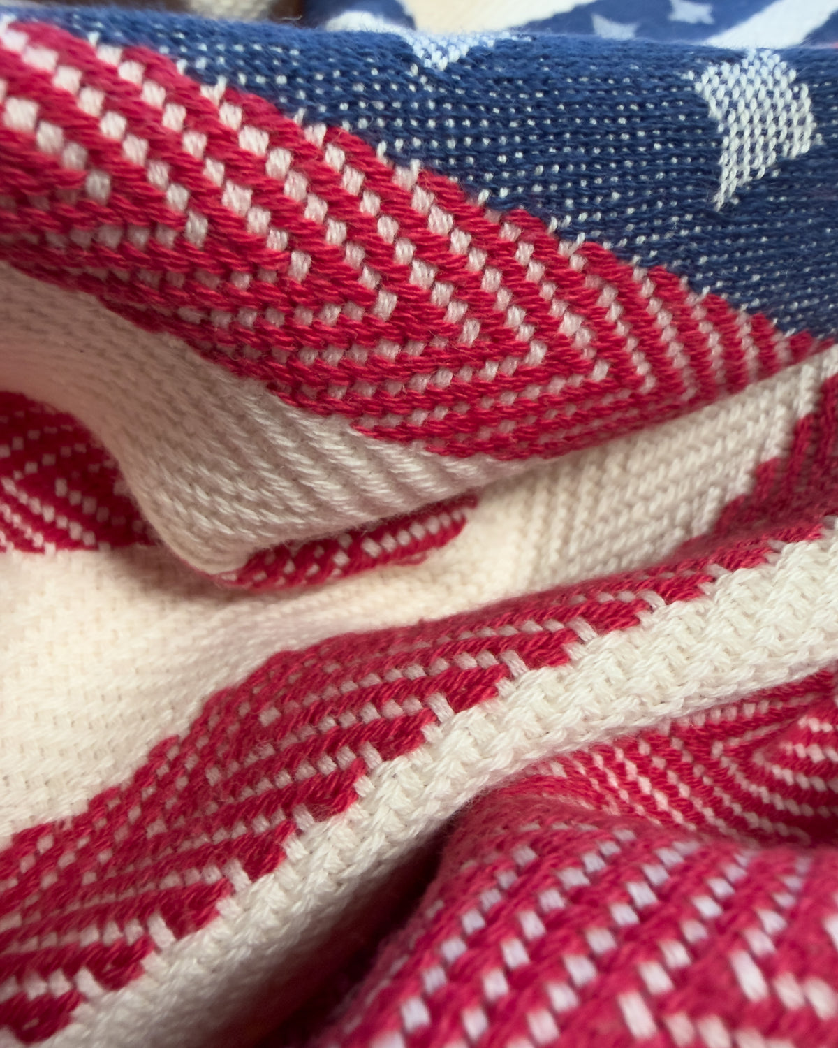 Close-up of the Old Glory organic Turkish cotton beach towel. 4th July, American Flag design