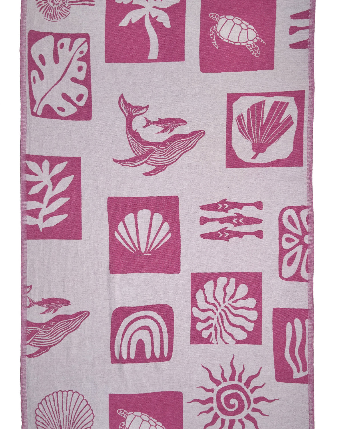 Front view of the Postcards purple organic Turkish cotton beach towel