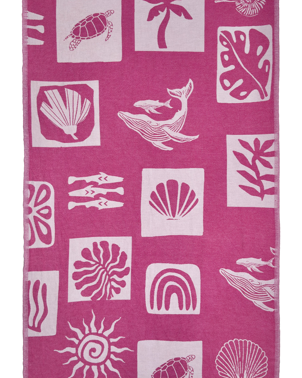 Back view of the Postcards reversible purple organic Turkish cotton beach towel