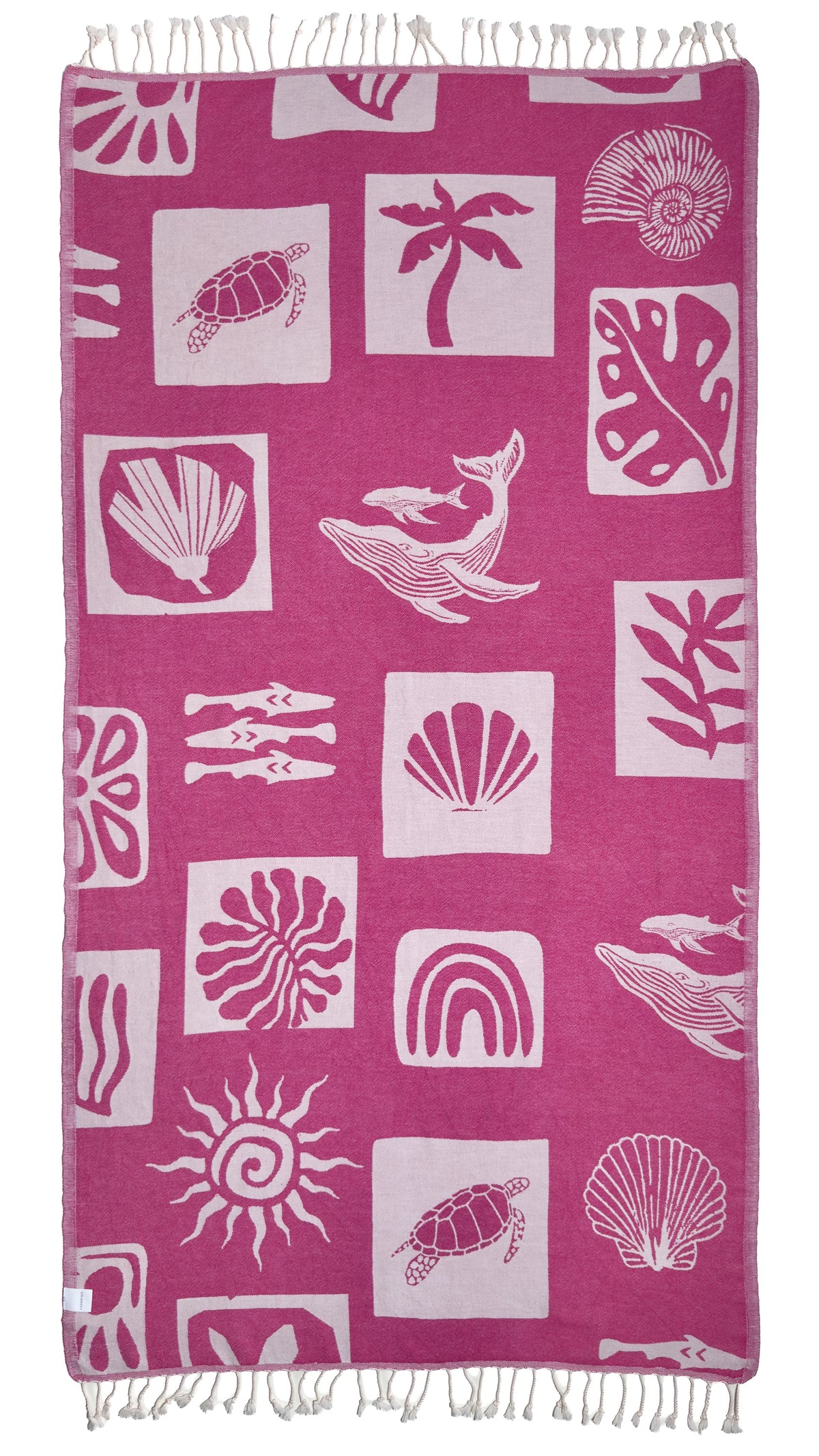 Back view of the Postcards reversible purple organic Turkish cotton beach towel