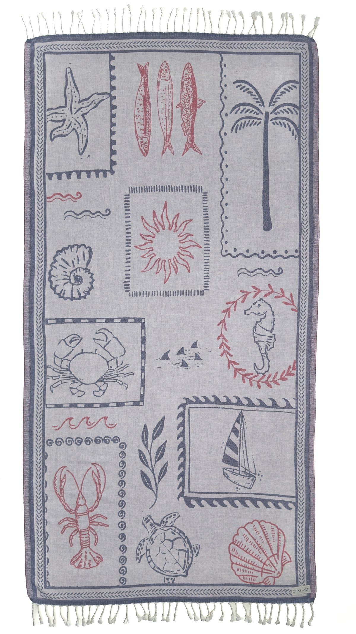 Front view of the Shore Treasures navy organic Turkish cotton beach towel