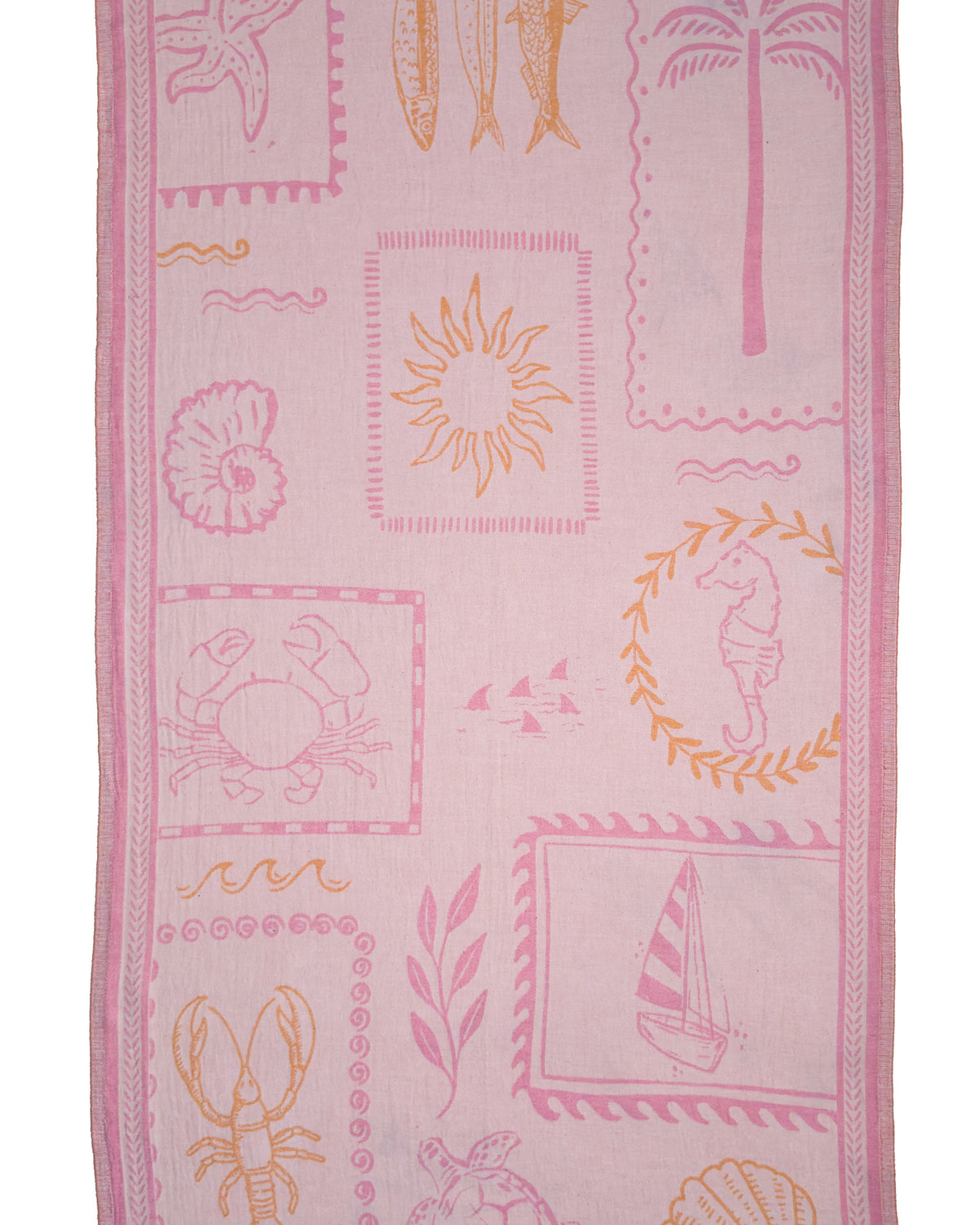 Front view of the Shore Treasures pink organic Turkish cotton beach towel
