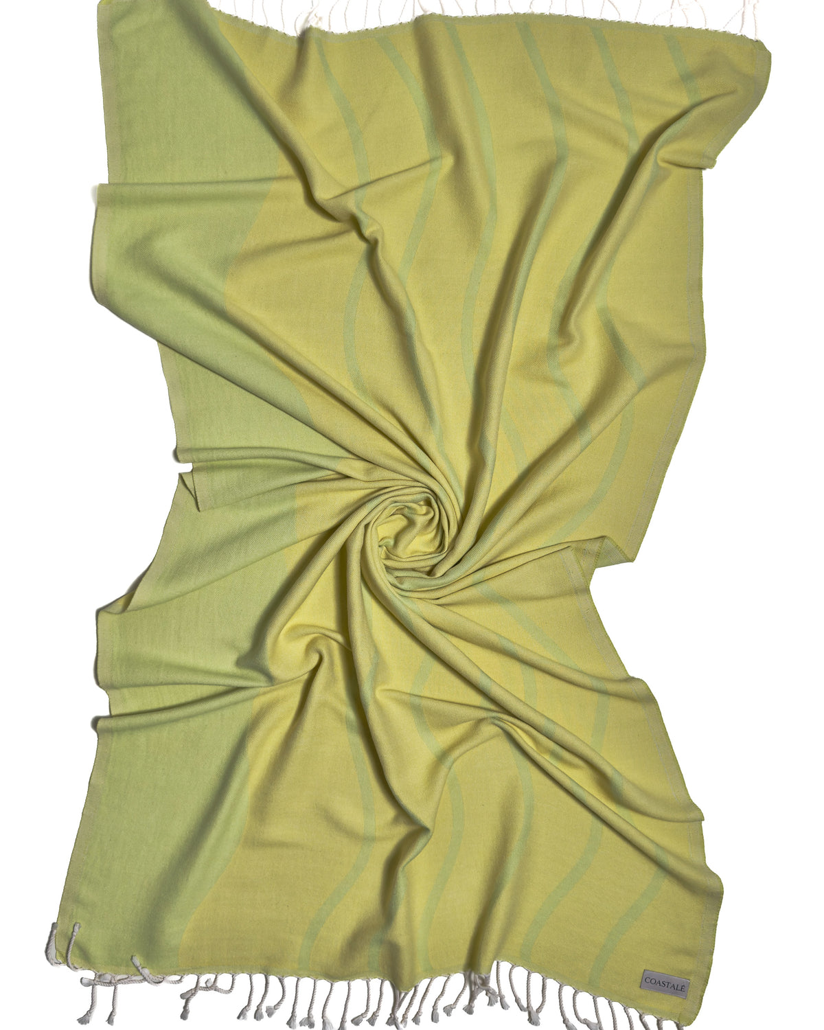 Front view of the twisted Swell Lemon organic Turkish cotton beach towel with California inspired jacquard design