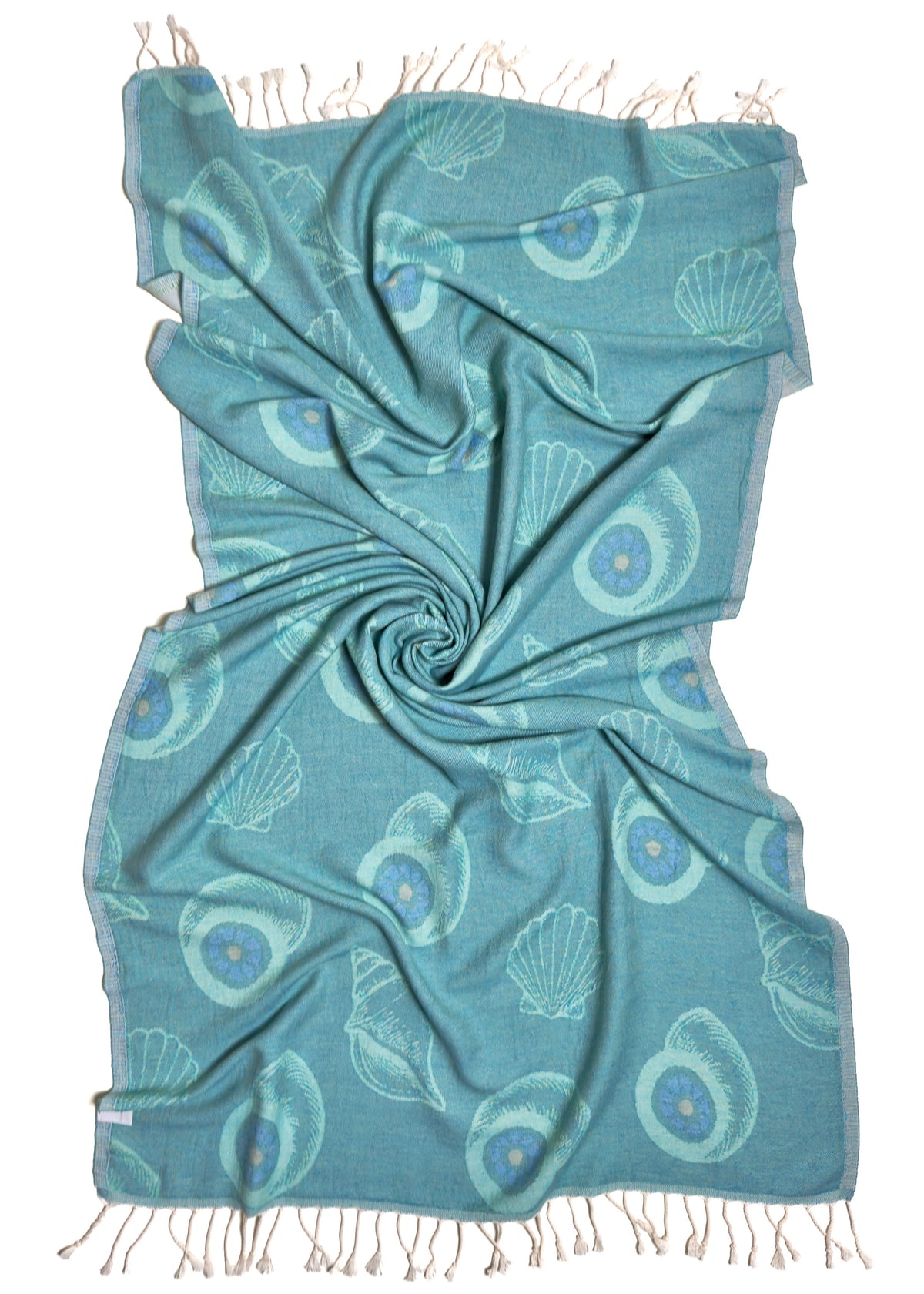 Back view of the twisted Charm organic Turkish cotton beach towel with California inspired jacquard design. Iconic Turkish Evil Eye, Turquoise.