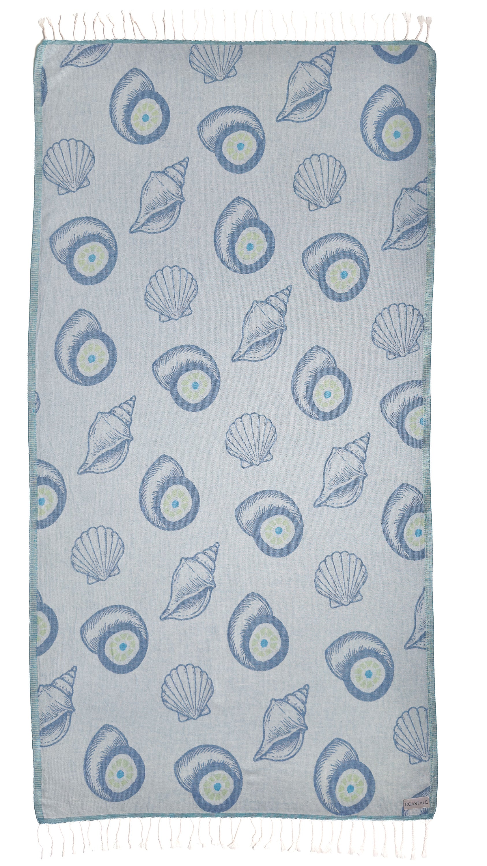 Front view of the Charm organic Turkish cotton beach towel. Iconic Turkish Evil Eye, Turquoise.