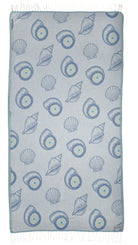 Front view of the Charm organic Turkish cotton beach towel. Iconic Turkish Evil Eye, Turquoise.