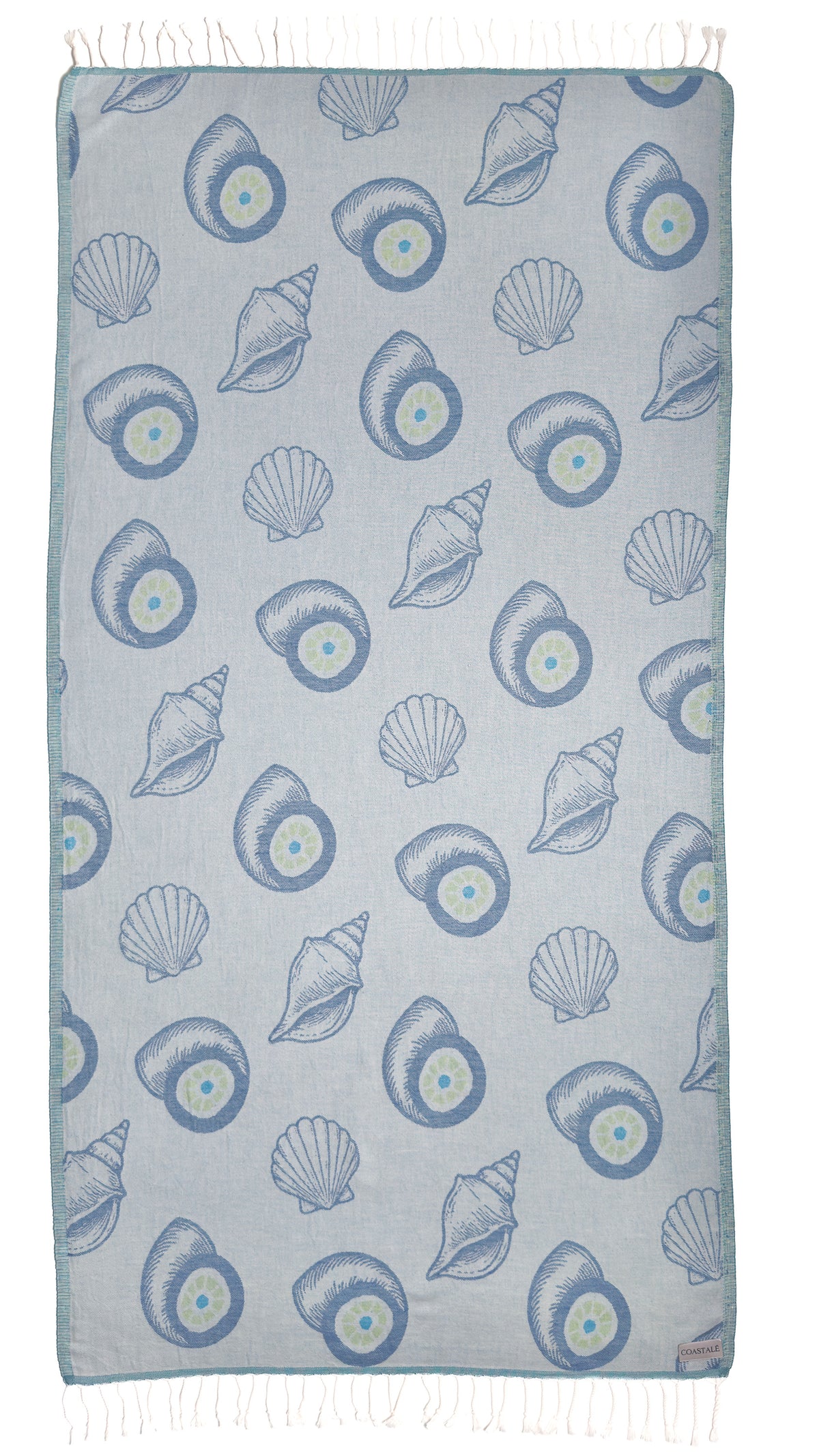 Front view of the Charm organic Turkish cotton beach towel. Iconic Turkish Evil Eye, Turquoise.