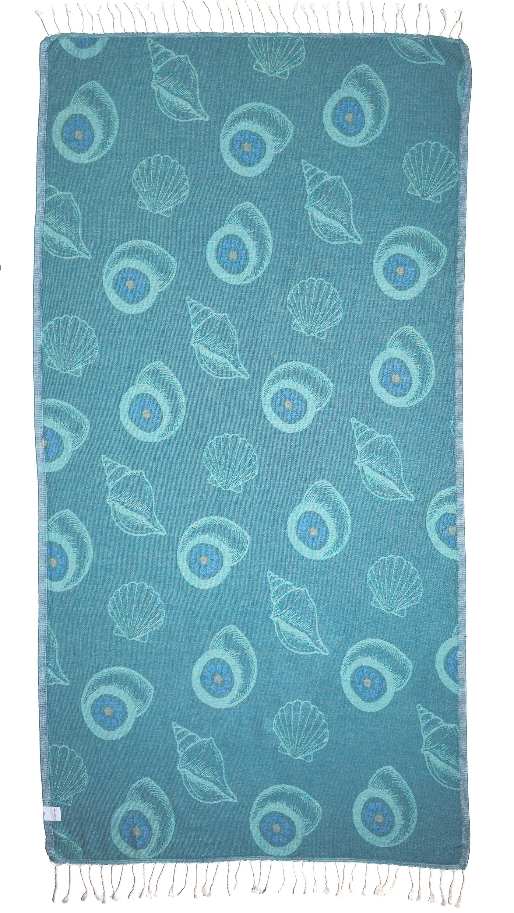Back view of the reversible Charm organic Turkish cotton beach towel. Iconic Turkish Evil Eye, Turquoise.