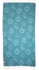 Back view of the reversible Charm organic Turkish cotton beach towel. Iconic Turkish Evil Eye, Turquoise.
