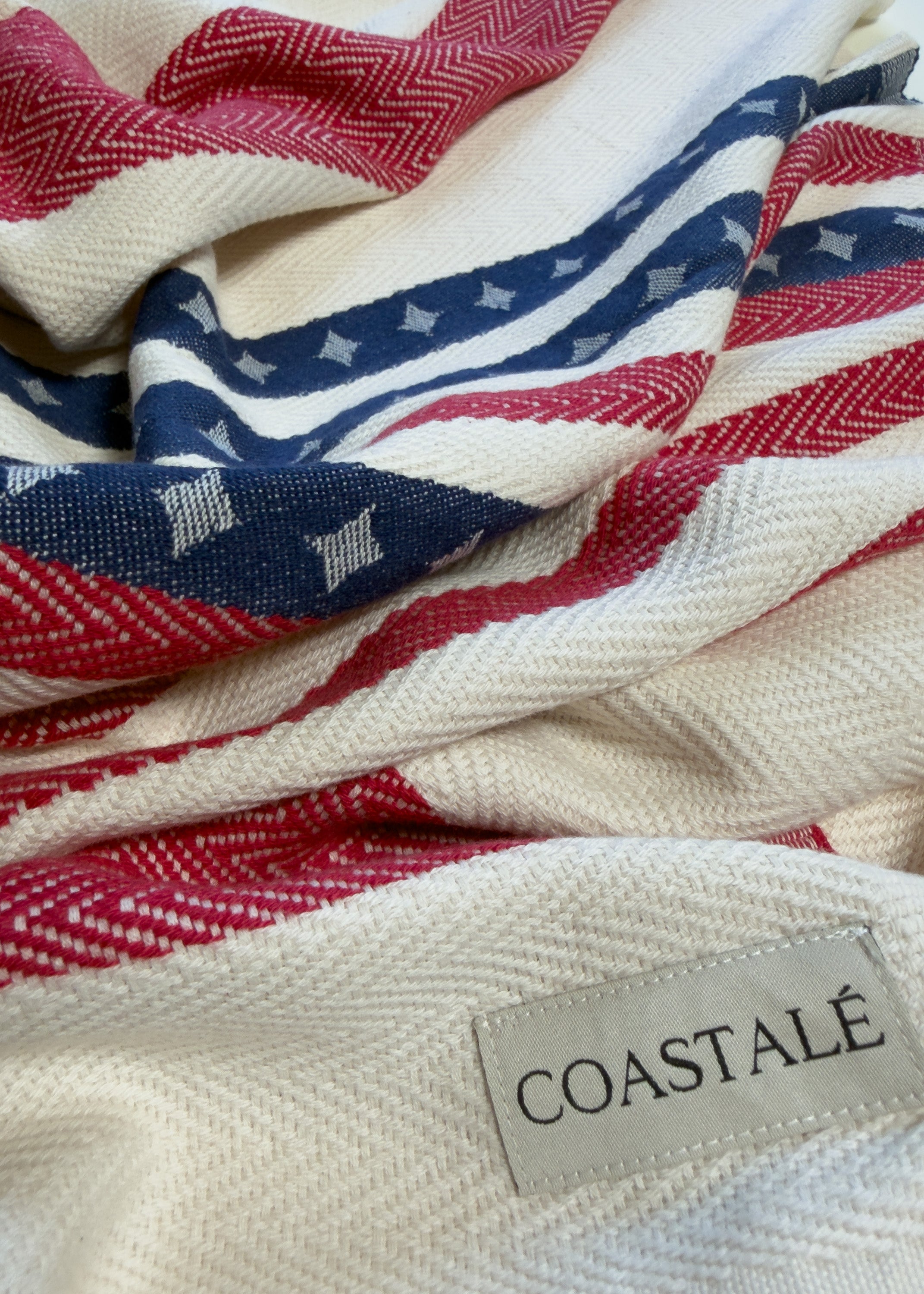 COASTALÉ label on the Old Glory organic Turkish cotton beach towel, 4th July, American Flag design