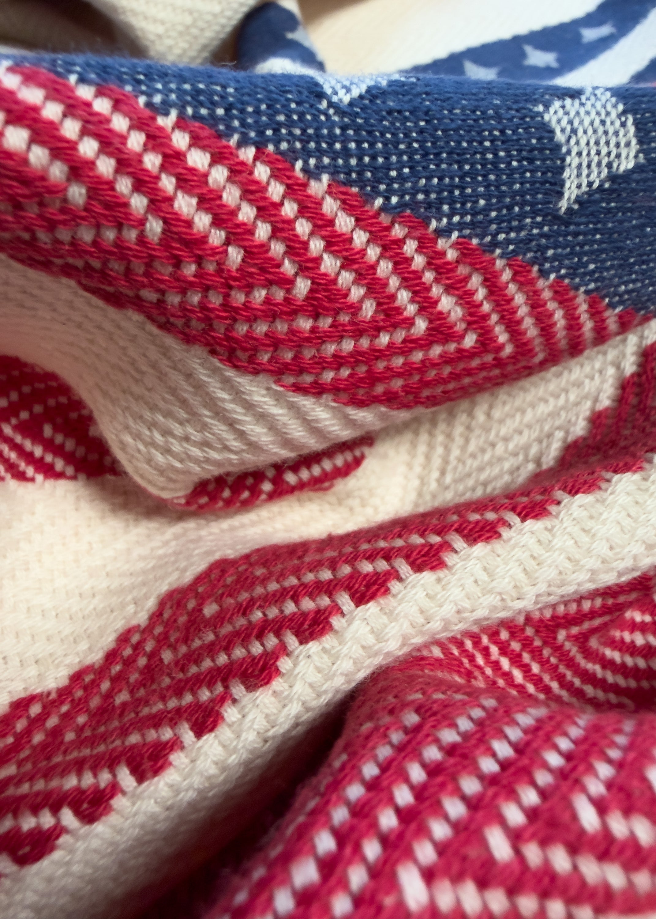 Close-up of the Old Glory organic Turkish cotton beach towel. 4th July, American Flag design
