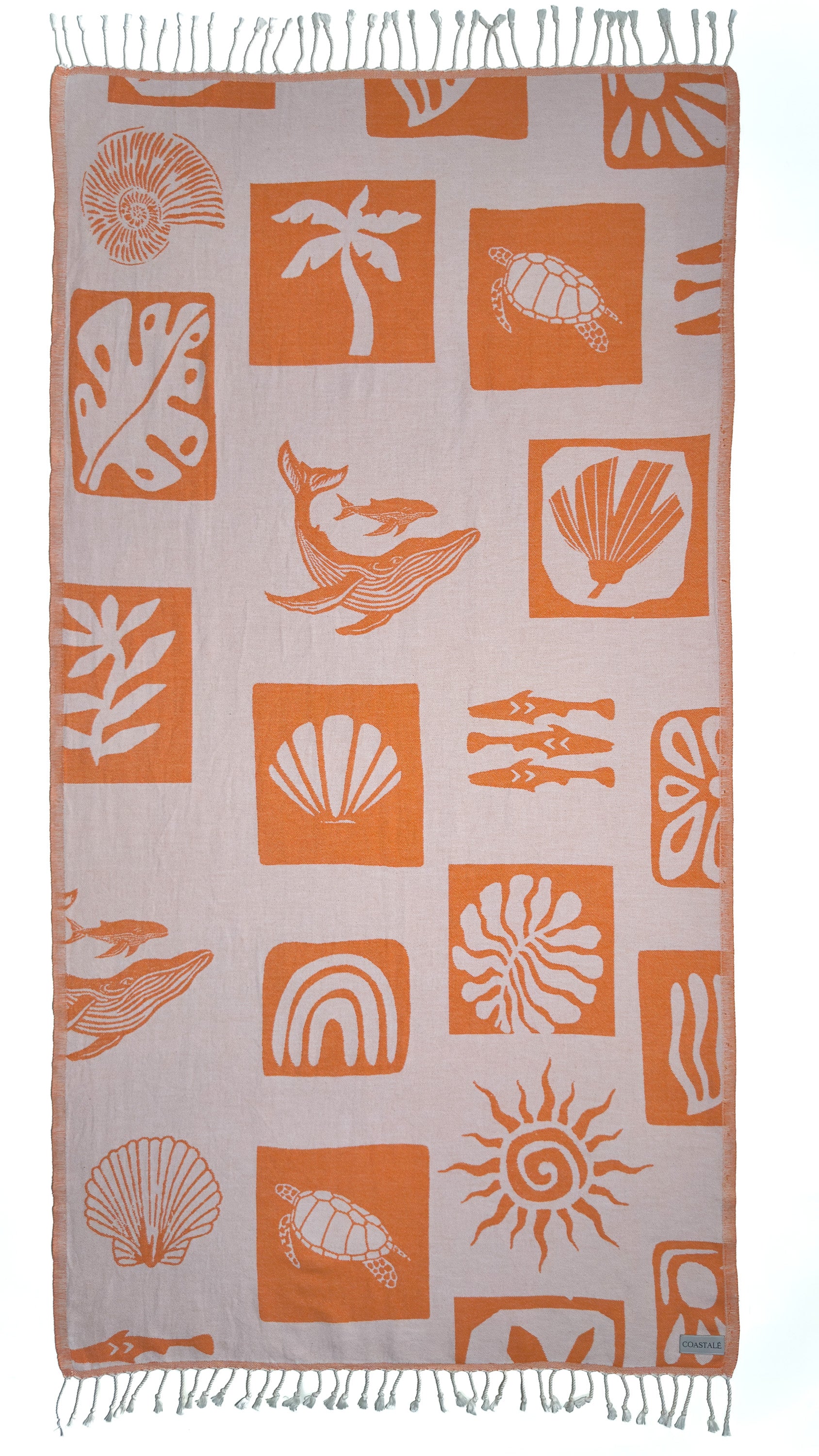 Front view of the Postcards orange organic Turkish cotton beach towel