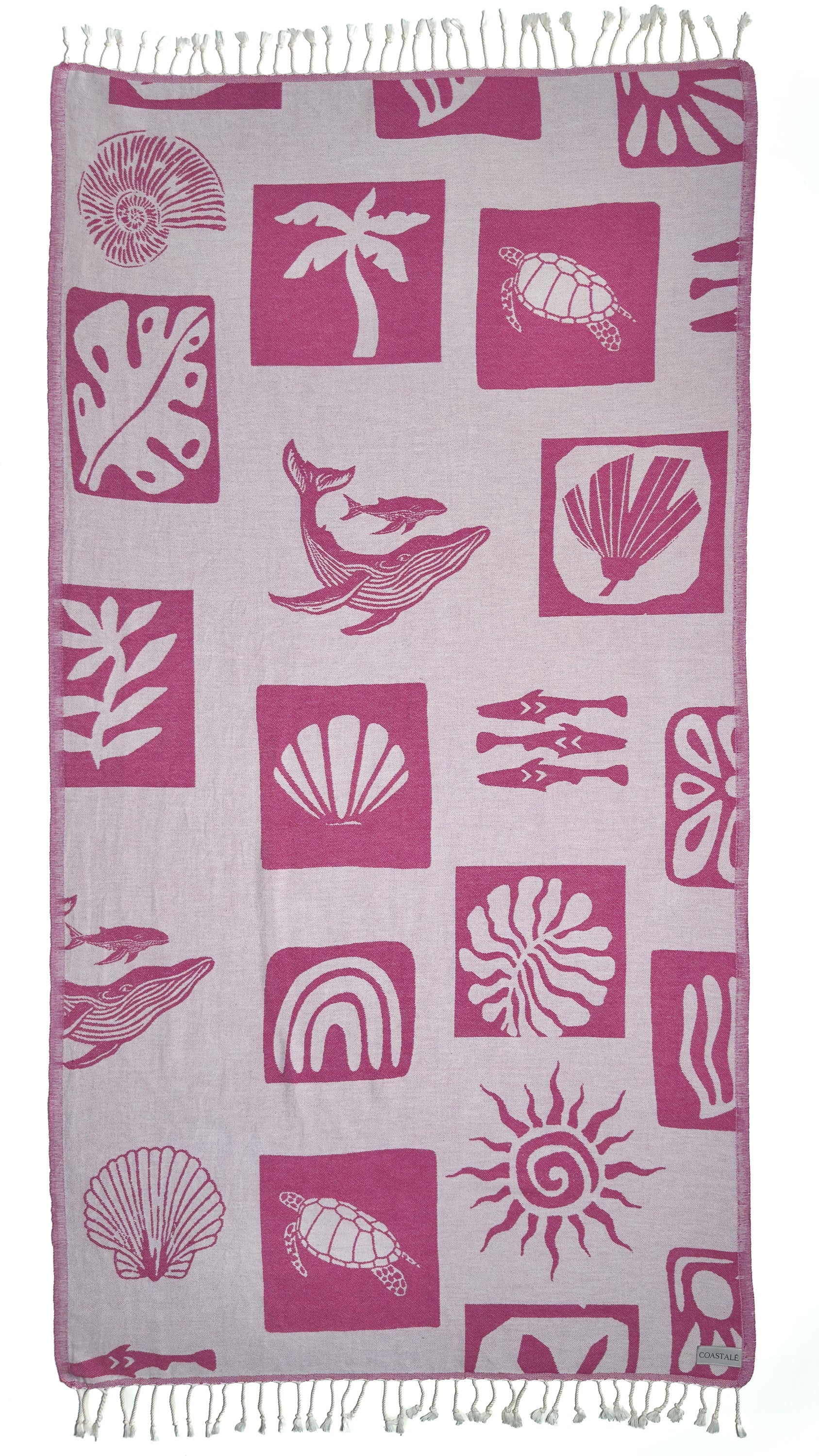 Front view of the Postcards purple organic Turkish cotton beach towel