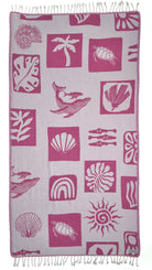 Front view of the Postcards purple organic Turkish cotton beach towel