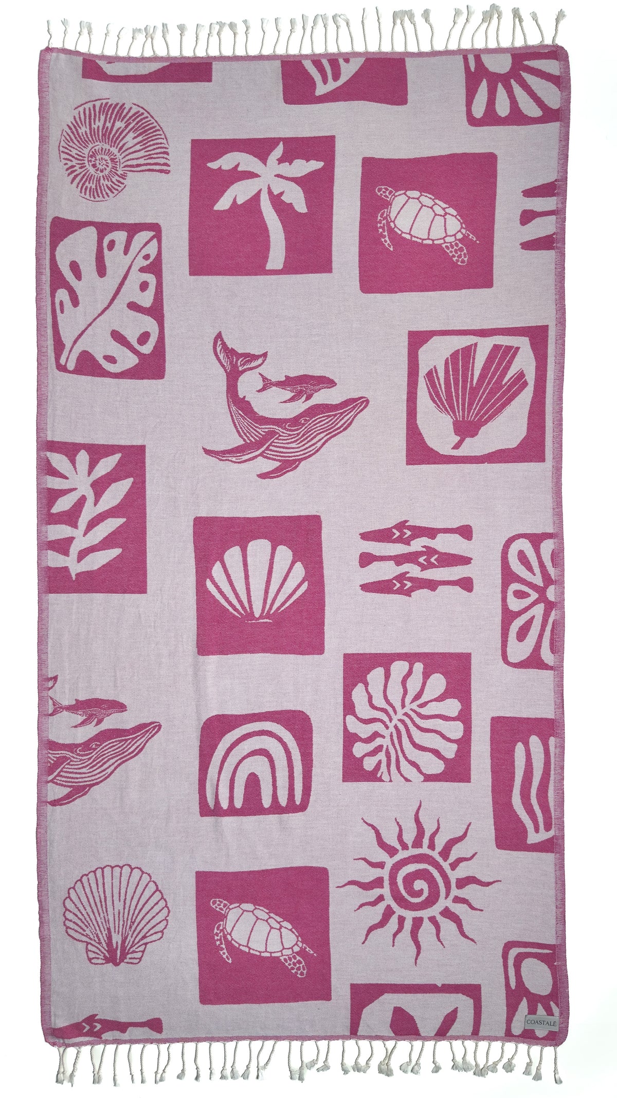 Front view of the Postcards purple organic Turkish cotton beach towel