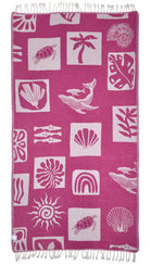 Back view of the Postcards reversible purple organic Turkish cotton beach towel