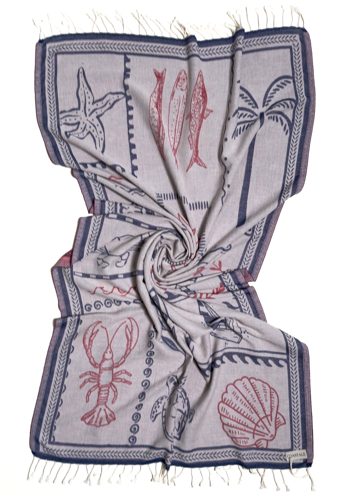 Front view of the twisted Shore Treasures navy organic Turkish cotton beach towel with California inspired jacquard design