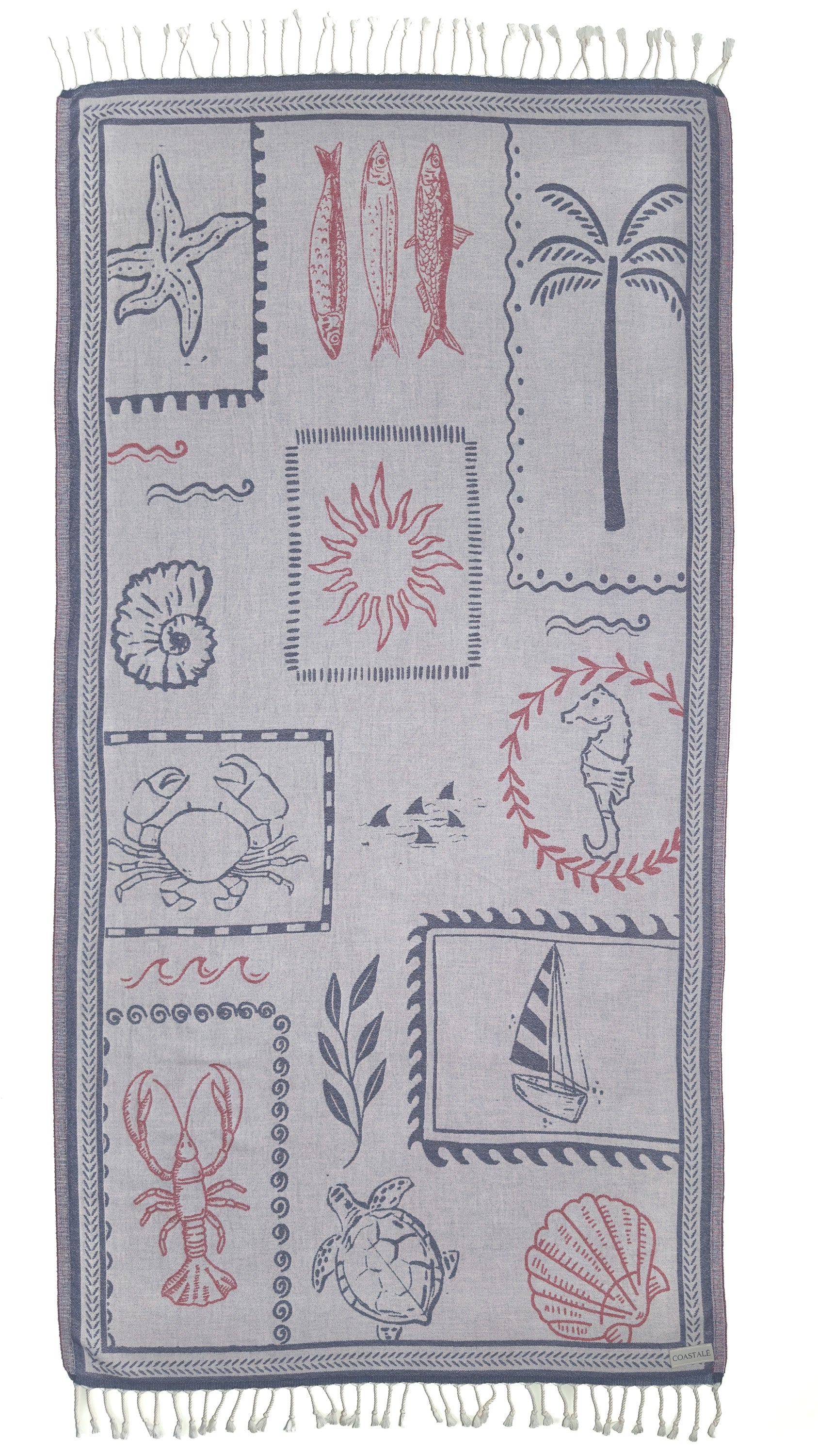 Front view of the Shore Treasures navy organic Turkish cotton beach towel