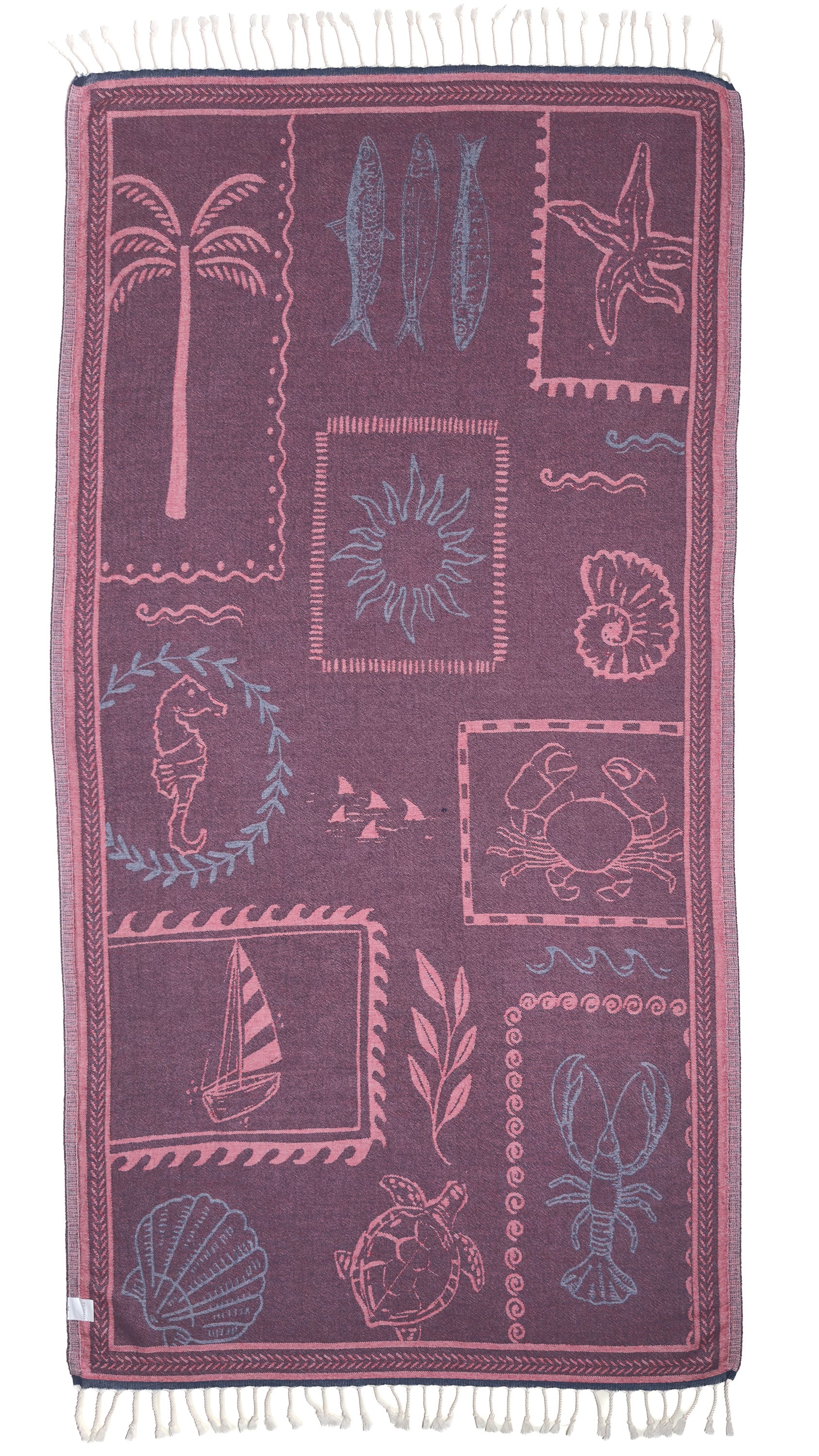 Back view of the reversible Shore Treasures navy organic Turkish cotton beach towel

