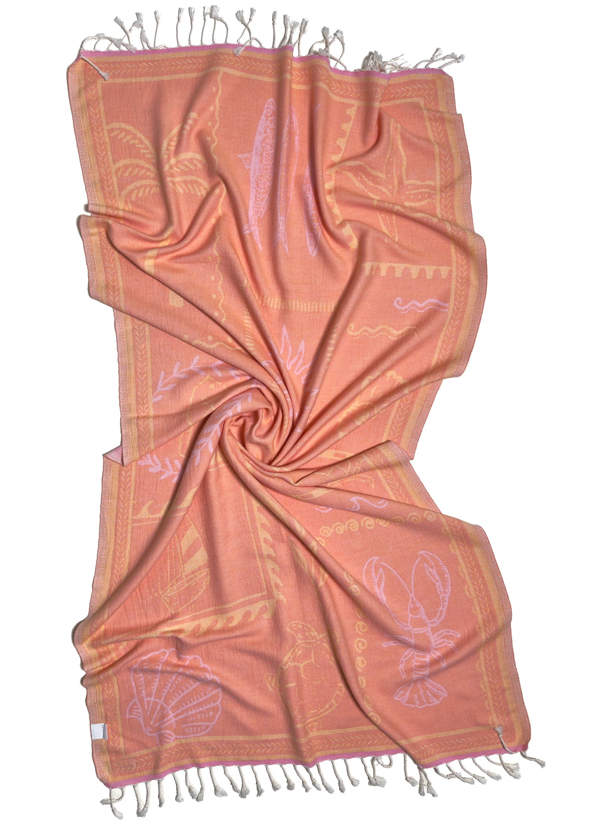 Back view of the twisted Shore Treasures pink organic Turkish cotton beach towel with California inspired jacquard design