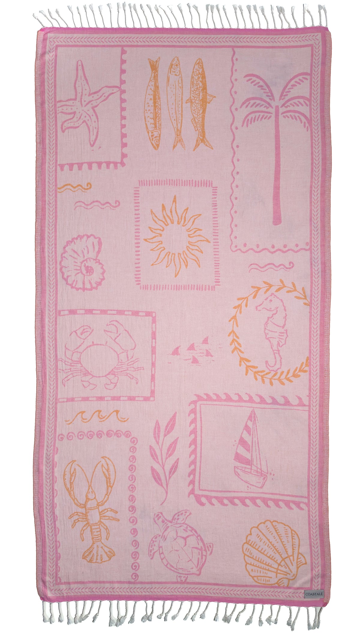 Front view of the Shore Treasures pink organic Turkish cotton beach towel